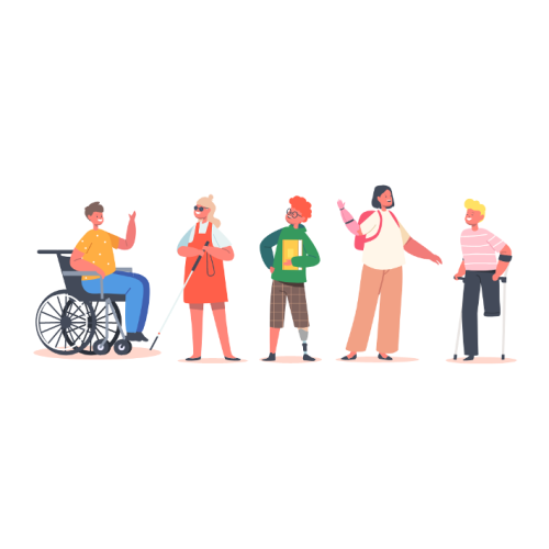 A cartoon style image of five people with visible and/or invisible disabilities in discussion with one another.