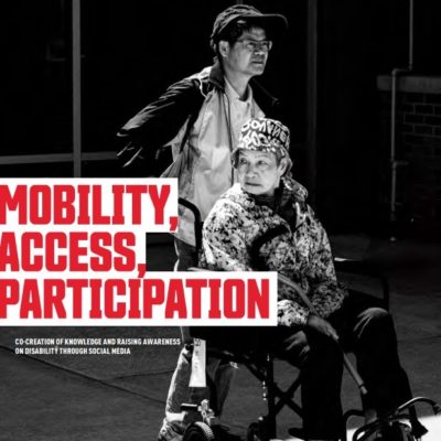 Screenshot of a page from the Gerontology Research Centre newsletter. Mobility, Access, Participation in red capital letters. An individual pushing another individual in a wheelchair in black and white.