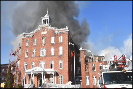 A heritage building on fire.