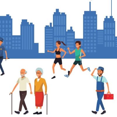 Two senior citizens with canes, two joggers and a handyman walking in front of a blue skyline