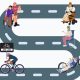 cartoon style graphic of mobility device users travelling on a cycle lane.