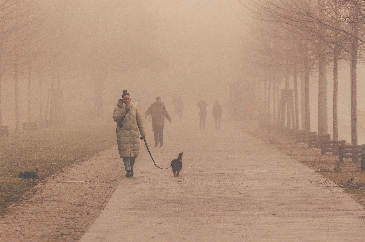 Individuals walking down a street on where there is smoke and haze in the air.