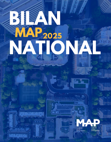 « Bilan MAP 2025 National » Logo MAP dans le coin inférieur droit et, en arrière-plan, vue aérienne d'un paysage urbain.